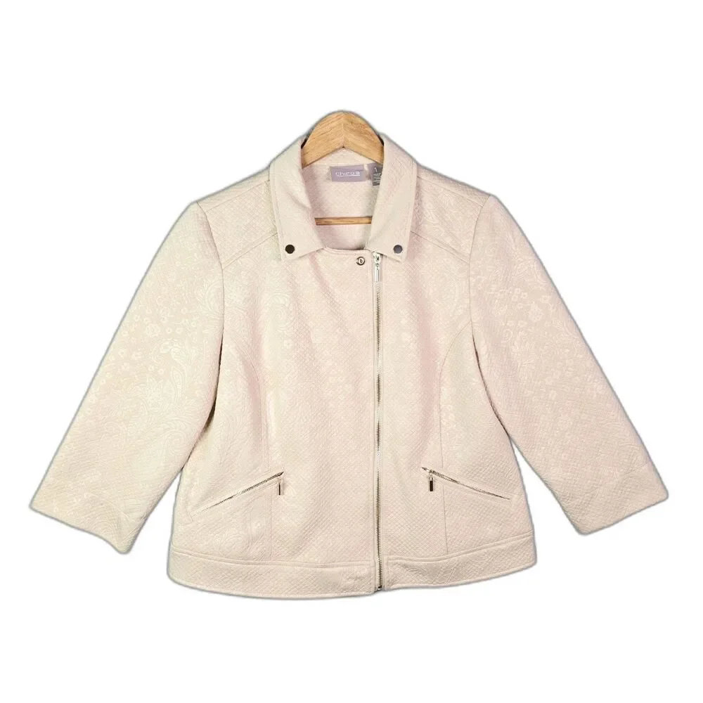 Chicos Moto Jacket Cream 1 Textured Asym Zip 34 Sleeve Minimalist